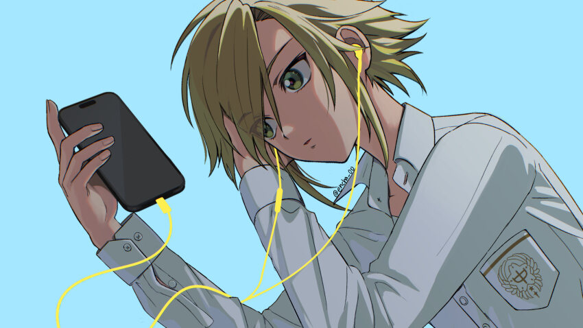 1boy blonde_hair blue_background breast_pocket cellphone collared_shirt commentary earphones encha green_eyes highres holding holding_phone long_sleeves male_focus nijisanji parted_lips phone pocket shirt simple_background smartphone solo symbol-only_commentary twitter_username upper_body uzuki_kou virtual_youtuber white_shirt