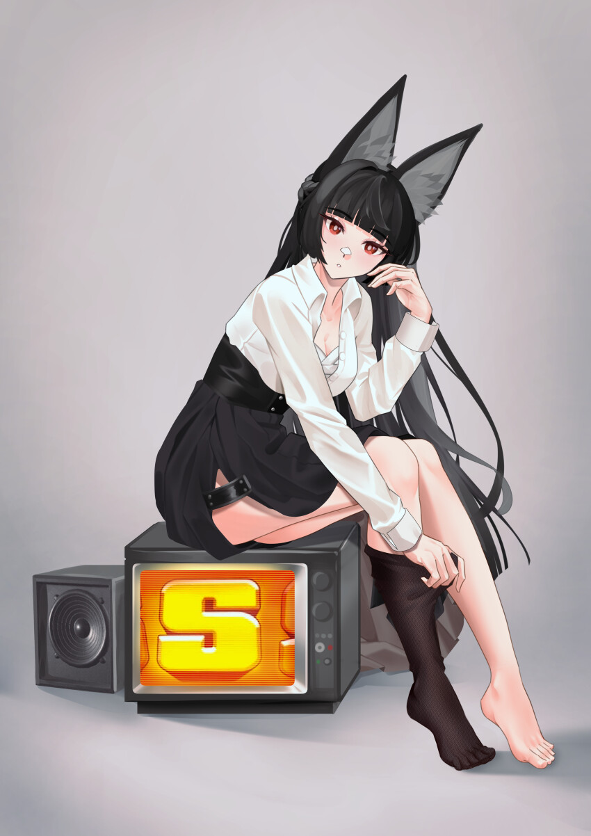1girl absurdres animal_ear_fluff animal_ears barefoot black_hair black_pantyhose black_skirt breasts chest_sarashi clothes_pull commentary crt feet fox_ears fox_girl grey_background highres hoshimi_miyabi long_hair meisaki pantyhose pantyhose_pull red_eyes sarashi shirt single_bare_foot single_bare_leg single_leg_pantyhose sitting sitting_on_object skirt solo toes white_shirt zenless_zone_zero