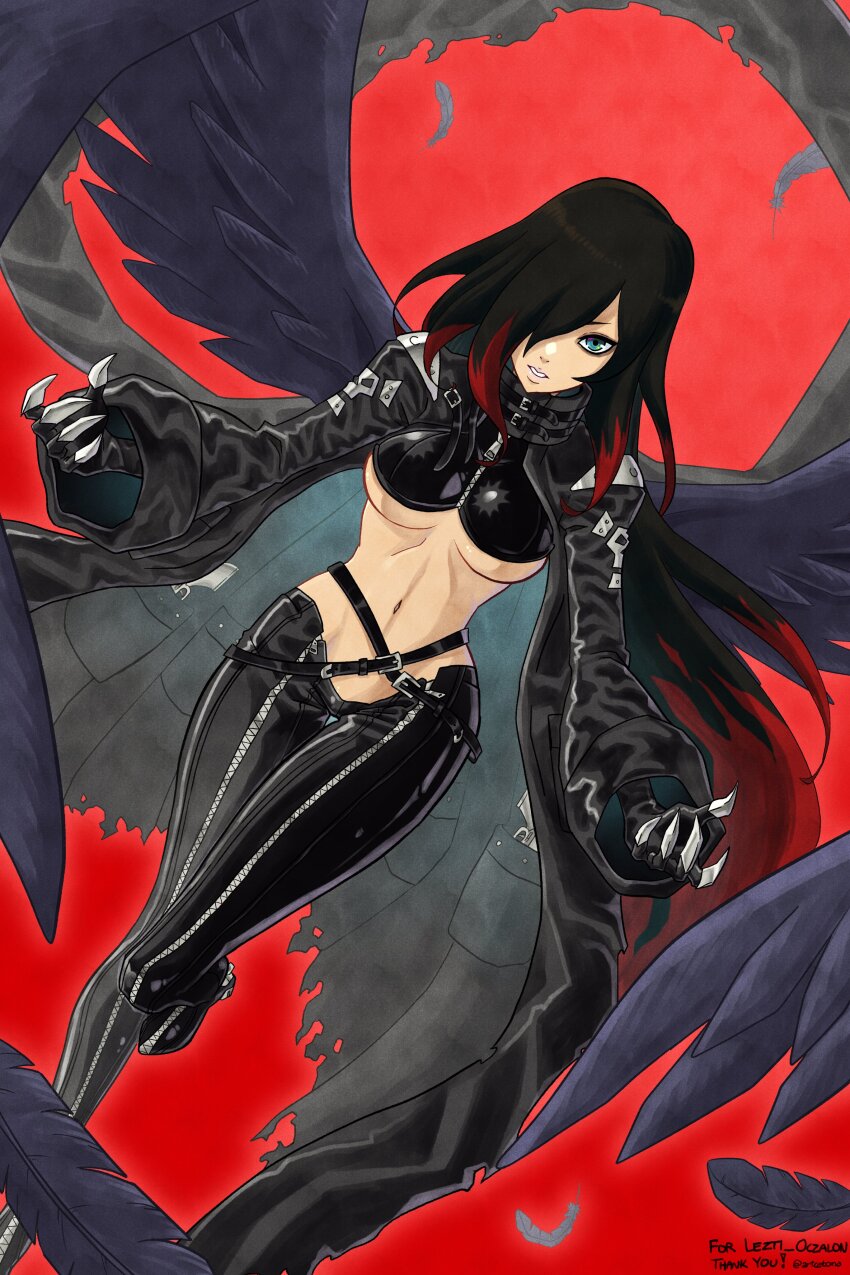1girl absurdres artcetona beelstarmon beelstarmon_(cosplay) black_feathers black_hair black_jacket black_pants black_shirt black_wings blue_eyes breasts commission cosplay crop_top crow_(gravity_daze) digimon feathered_wings feathers full_body gravity_daze hair_over_one_eye highres jacket large_breasts midriff multicolored_hair navel pants red_background red_hair shirt simple_background solo streaked_hair two-tone_hair underboob wings