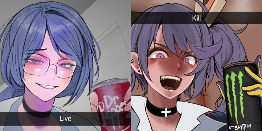 1girl absurdres black_choker blue_gloves blue_hair can choker commission commissioner_upload cross cross_choker dr_pepper drink_can dual_persona earrings english_text girls&#039;_frontline glasses gloves grin highres holding holding_can indoors jewelry k11_(girls&#039;_frontline) long_hair looking_at_viewer m4skedboi meme monster_energy non-web_source open_mouth purple_eyes side_ponytail smile snapchat_kill_guy_(meme) soda_can stud_earrings teeth two-tone_gloves yellow_gloves