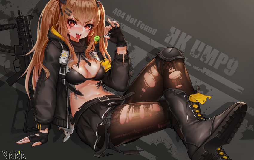 1girl :d arm_support black_boots black_bra black_gloves black_jacket black_skirt blush boots bra breasts brown_hair brown_pantyhose candy character_name cleavage crossed_legs female_focus fingerless_gloves food girls&#039;_frontline gloves gun hair_ornament hairclip hand_up heckler_&amp;_koch highres holding jacket knee_pads lollipop long_hair long_sleeves looking_at_viewer medium_breasts miniskirt name_connection navel nose_blush object_namesake open_clothes open_jacket open_mouth pantyhose pleated_skirt red_eyes saliva saliva_trail scar scar_across_eye scar_on_face shirt sitting skirt smile solo stomach submachine_gun tongue tongue_out torn_clothes torn_pantyhose torn_shirt torn_skirt twintails ump9_(girls&#039;_frontline) underwear v-shaped_eyebrows vana weapon white_shirt