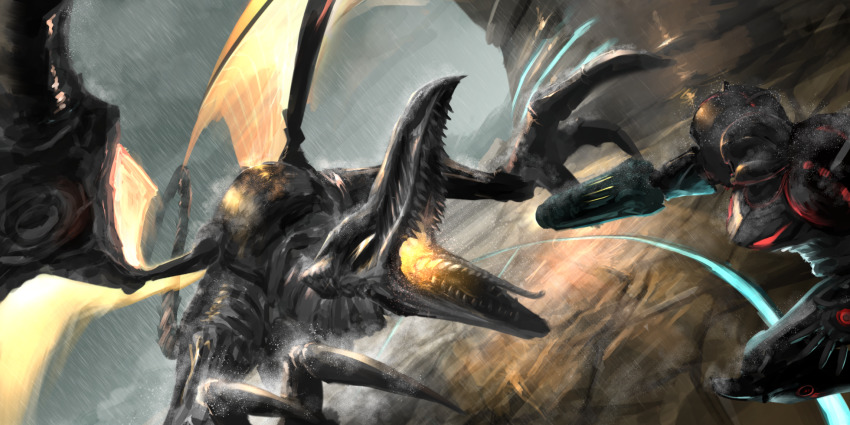 1girl 2018 arm_cannon dragon dutch_angle fangs fighting hanagemissile highres meta_ridley metroid metroid_prime nintendo open_mouth phazon_suit power_suit_(metroid) ridley samus_aran sharp_teeth teeth tongue tongue_out weapon wings