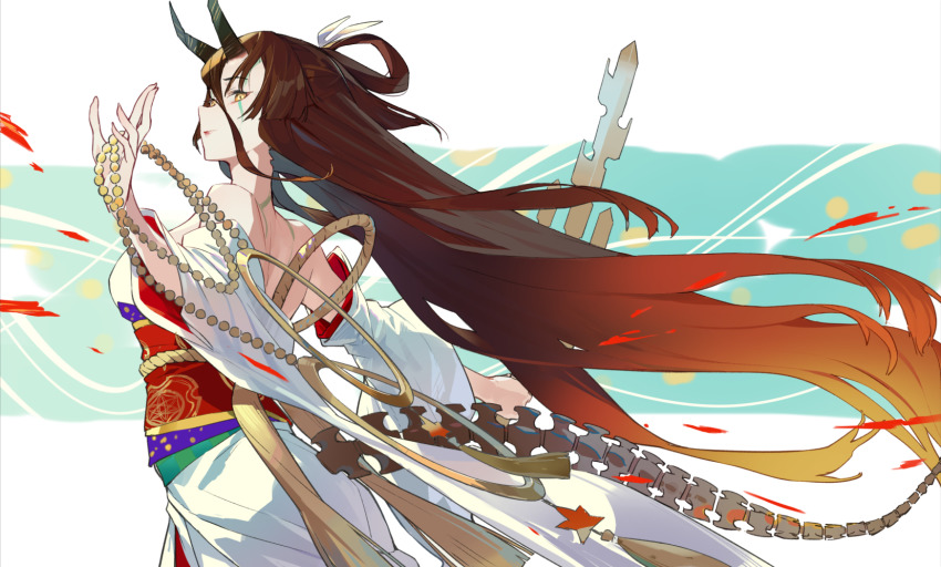 bare_shoulders brown_hair closed_mouth eyebrows eyelashes fate/requiem fate_(series) hair_between_eyes highres horns japanese_clothes jinyuan712 kijo_kouyou_(fate) kijo_kouyou_(third_ascension)_(fate) kimono long_hair looking_at_viewer looking_back makeup oni_horns painttool_sai_(medium) smile solo weapon yellow_eyes