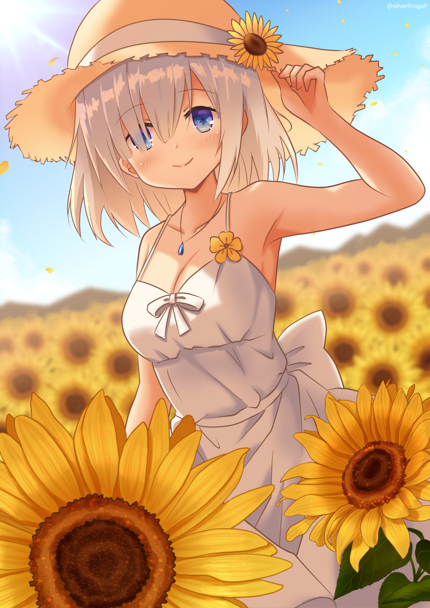 1girl bare_shoulders blue_eyes breasts cleavage grey_hair isuzu_ren looking_at_viewer magia_record:_mahou_shoujo_madoka_magica_gaiden mahou_shoujo_madoka_magica outdoors silverlining smile solo