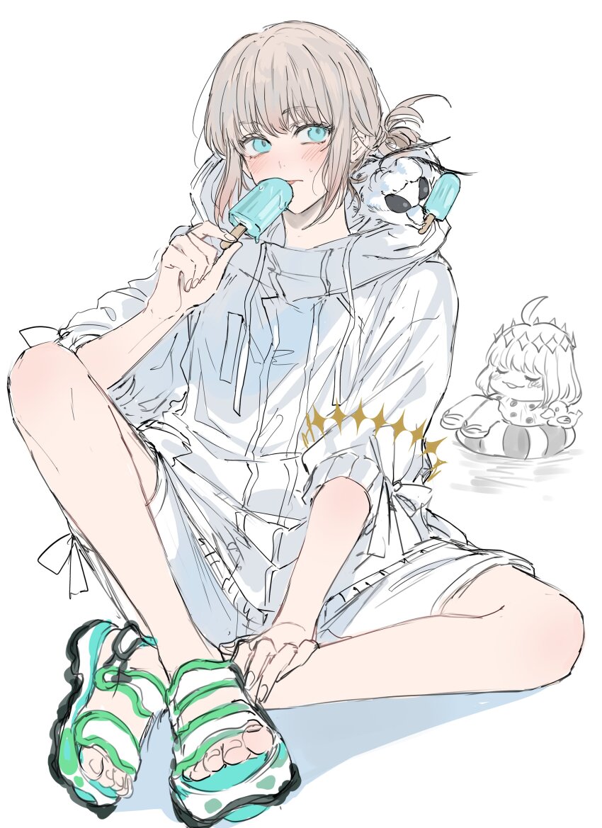 1boy absurdres blanca_(fate) blue_eyes blush bug fate/grand_order fate_(series) food hair_between_eyes highres ice_cream looking_at_viewer oberon_(fate) oberon_(refreshing_summer_prince)_(fate) short_hair yurumawari