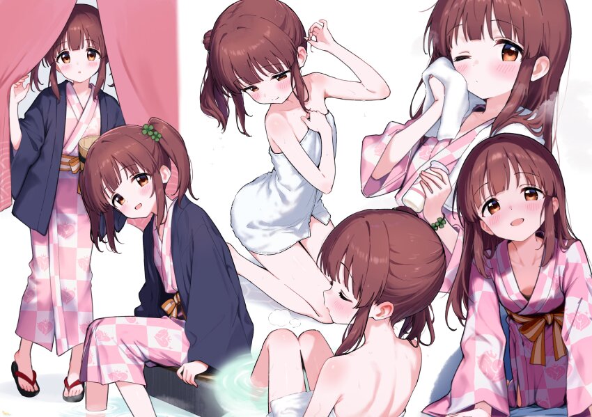 1girl absurdres all_fours back bath_yukata brown_eyes brown_hair collarbone highres japanese_clothes jia_wenyuan kimono legs light_blush median_furrow multiple_views naked_towel ogata_chieri one_eye_closed onsen side_ponytail sitting standing steam towel twintails yukata