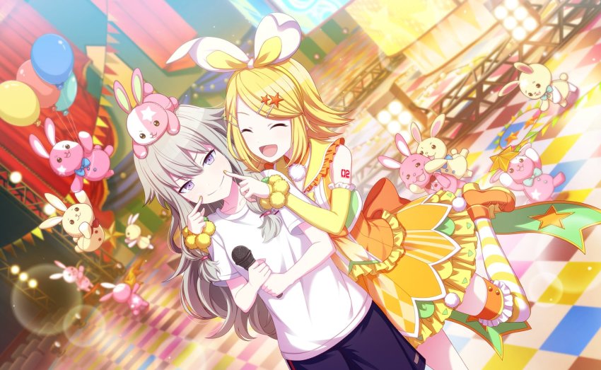 &gt;:) 2girls :d animal animal_on_head ankle_boots argyle_clothes argyle_dress back_bow balloon blonde_hair blue_bow blue_bowtie blue_shorts blurry blurry_background boots bow bowtie bubble checkered_floor choker closed_eyes collarbone collared_dress colorful_palette curtains detached_sleeves dress false_smile finger_to_another&#039;s_mouth fingernails floor foot_up footwear_ribbon frilled_dress frilled_shirt_collar frills frown green_bow green_bowtie grey_hair hair_between_eyes hair_bow hair_ornament hairclip happy hibiku_twilight_parade_(project_sekai) highres holding holding_microphone index_fingers_raised kagamine_rin kusanagi_nene lace-up_boots light_particles long_hair low-tied_long_hair low_twintails microphone multiple_girls nail_polish number_tattoo official_art on_head open_mouth orange_boots orange_bow orange_choker parted_bangs pom_pom_(clothes) project_sekai purple_eyes rafters red_bow red_bowtie ribbon seat shirt shoes short_dress short_hair short_sleeves shorts shoulder_tattoo single_vertical_stripe smile socks stage_lights star_(symbol) star_hair_ornament star_print string_of_flags striped_clothes striped_dress striped_legwear striped_socks stuffed_animal stuffed_rabbit stuffed_toy tattoo theater thighhighs tsurime twintails two-tone_bow v-shaped_eyebrows vertical-striped_clothes vertical-striped_dress vocaloid white_bow white_shirt wonderlands_x_showtime_rin yellow_bow yellow_nails yellow_ribbon yellow_sleeves