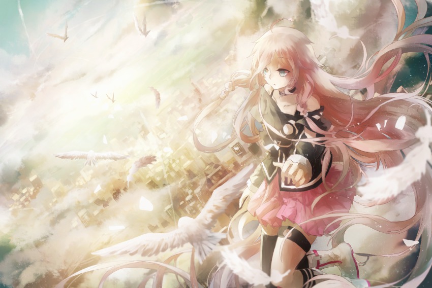 1girl animal bad_id bad_pixiv_id bird blue_eyes boots choker cloud domik feathers female_focus highres ia_(vocaloid) long_hair pink_hair skirt solo vocaloid white_boots