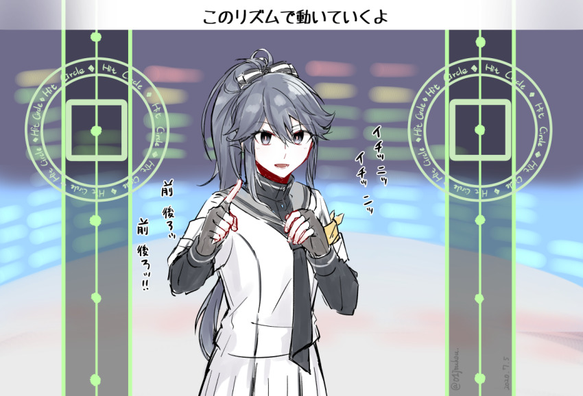 1girl armband ayanokouji_martial_arts_school_uniform black_neckerchief black_shirt commentary_request fingerless_gloves fitness_boxing gloves grey_eyes grey_gloves grey_hair grey_sailor_collar hair_between_eyes hands_up jouhou long_hair long_sleeves looking_at_viewer neckerchief open_mouth ponytail sailor_collar school_uniform shirt sidelocks skirt solo standing toji_no_miko translation_request upper_body white_shirt white_skirt winter_uniform yamashiro_yui yellow_armband