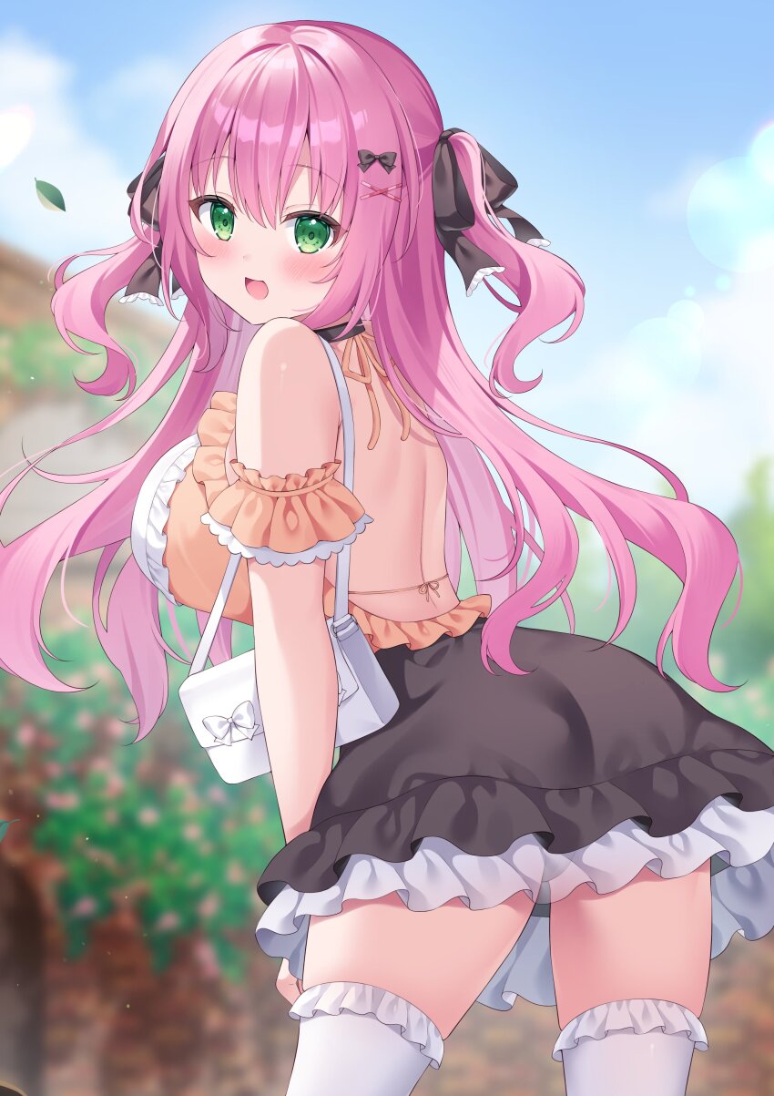 1girl absurdres ass bag black_bow black_skirt blush bow breasts frills green_eyes hair_bow hair_ornament highres large_breasts long_hair looking_at_viewer open_mouth orange_shirt original outdoors pink_hair shiono_(0303) shirt shoulder_bag sideboob skirt smile solo thighhighs white_shirt white_skirt white_thighhighs
