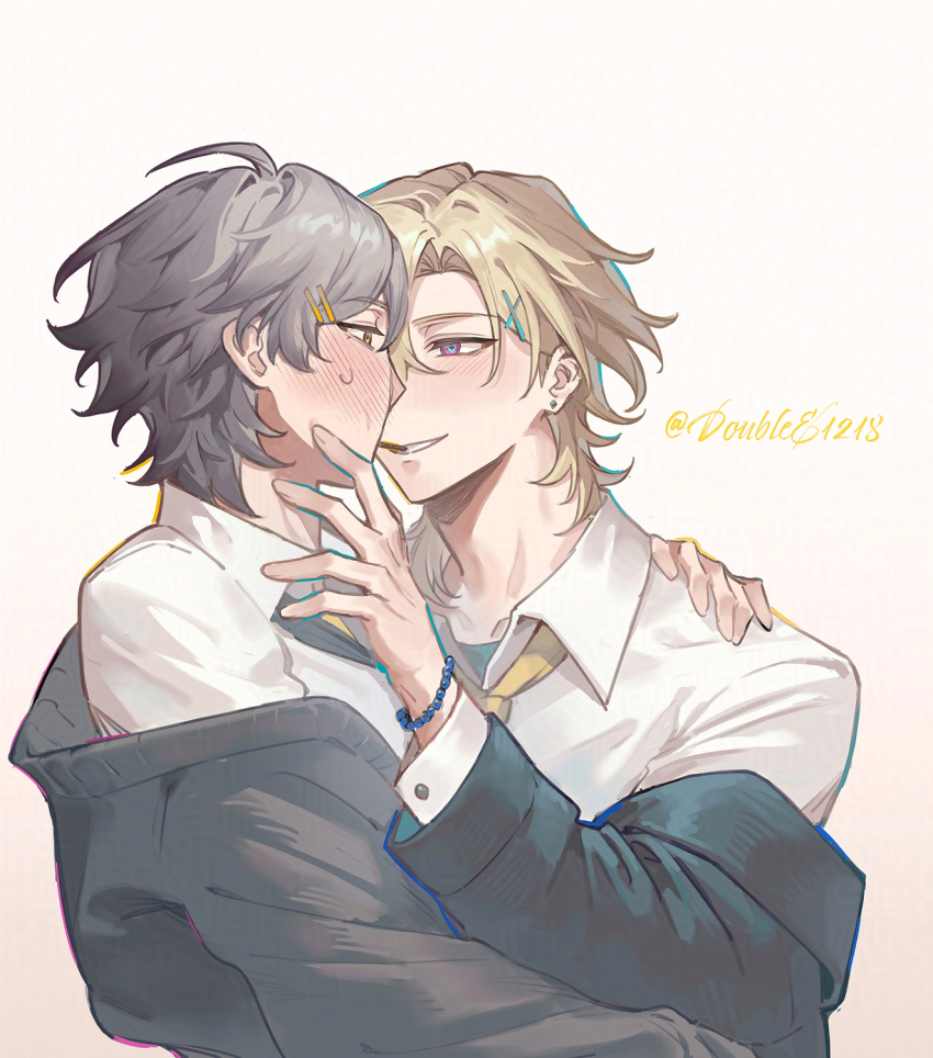 2boys ahoge artist_name aventurine_(honkai:_star_rail) bead_bracelet beads black_jacket black_necktie blonde_hair blue_eyes blush bracelet caelus_(honkai:_star_rail) cardigan collared_shirt ear_piercing fingernails food food_in_mouth grey_hair grey_sweater hair_between_eyes hair_ornament hairclip highres honkai:_star_rail honkai_(series) jacket jewelry long_sleeves looking_at_another male_focus mealove1218 multicolored_eyes multiple_boys necktie open_cardigan open_clothes open_jacket piercing pocky pocky_in_mouth pocky_kiss purple_eyes shared_food shirt short_hair simple_background smile sweatdrop sweater teeth trailblazer_(honkai:_star_rail) upper_body white_background white_shirt x_hair_ornament yaoi yellow_eyes yellow_necktie