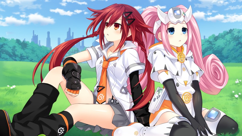 2girls boots bow choujigen_taisen_neptune_vs_sega_hard_girls elbow_gloves game_cg game_console gloves hair_ornament highres kneehighs long_hair multiple_girls neptune_(series) official_art pink_hair red_hair sega_dreamcast sega_dreamcast_(sega_hard_girls) sega_hard_girls sitting socks tennouboshi_uzume tsunako twintails