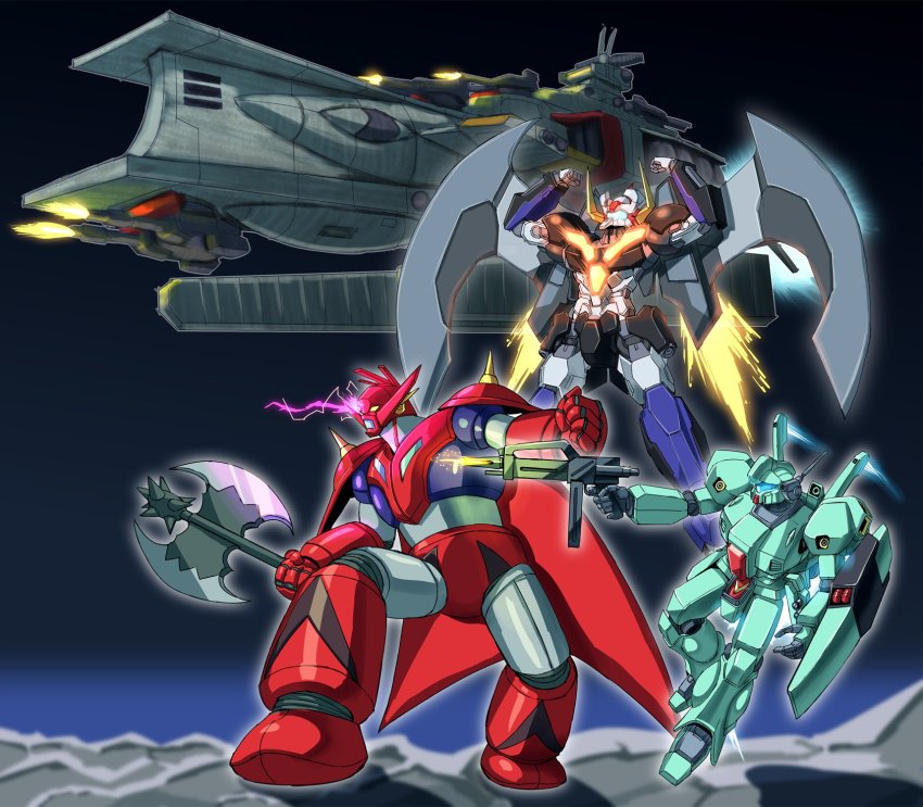 axe beam_rifle char&#039;s_counterattack clenched_hand clenched_hands commission crossover energy_gun firing flying getter_dragon getter_robo gun gundam highres holding holding_axe holding_gun holding_shield holding_weapon ichinana_(mazinger) jegan kin-san_(sasuraiga) mazinger_(series) mazinger_z mazinger_z:_infinity mecha multiple_crossover robot science_fiction shield shin_getter_robo skeb_commission spacecraft super_robot super_robot_wars super_robot_wars_30 thrusters victory_gundam visor weapon