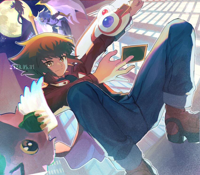 1boy black_shirt brown_eyes building card denim duel_academy_uniform_(yu-gi-oh!_gx) duel_disk duel_monster elemental_hero_flame_wingman foreshortening from_below full_body hair_between_eyes highres holding holding_card jacket jeans long_sleeves looking_at_viewer male_focus multicolored_hair pants red_jacket shirt short_hair silhouette skyscraper smile squatting two-tone_hair winged_kuriboh yu-gi-oh! yu-gi-oh!_gx yubel yuki_judai yuzutaroman