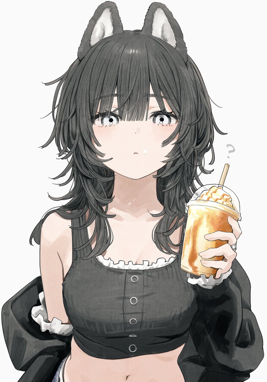 1girl ? absurdres animal_ears black_hair black_jacket commentary cup disposable_cup drinking_straw highres holding holding_cup jacket medium_hair navel open_clothes open_jacket original parted_lips simple_background solo symbol-only_commentary takaya_riku white_background white_eyes wolf_ears wolf_girl