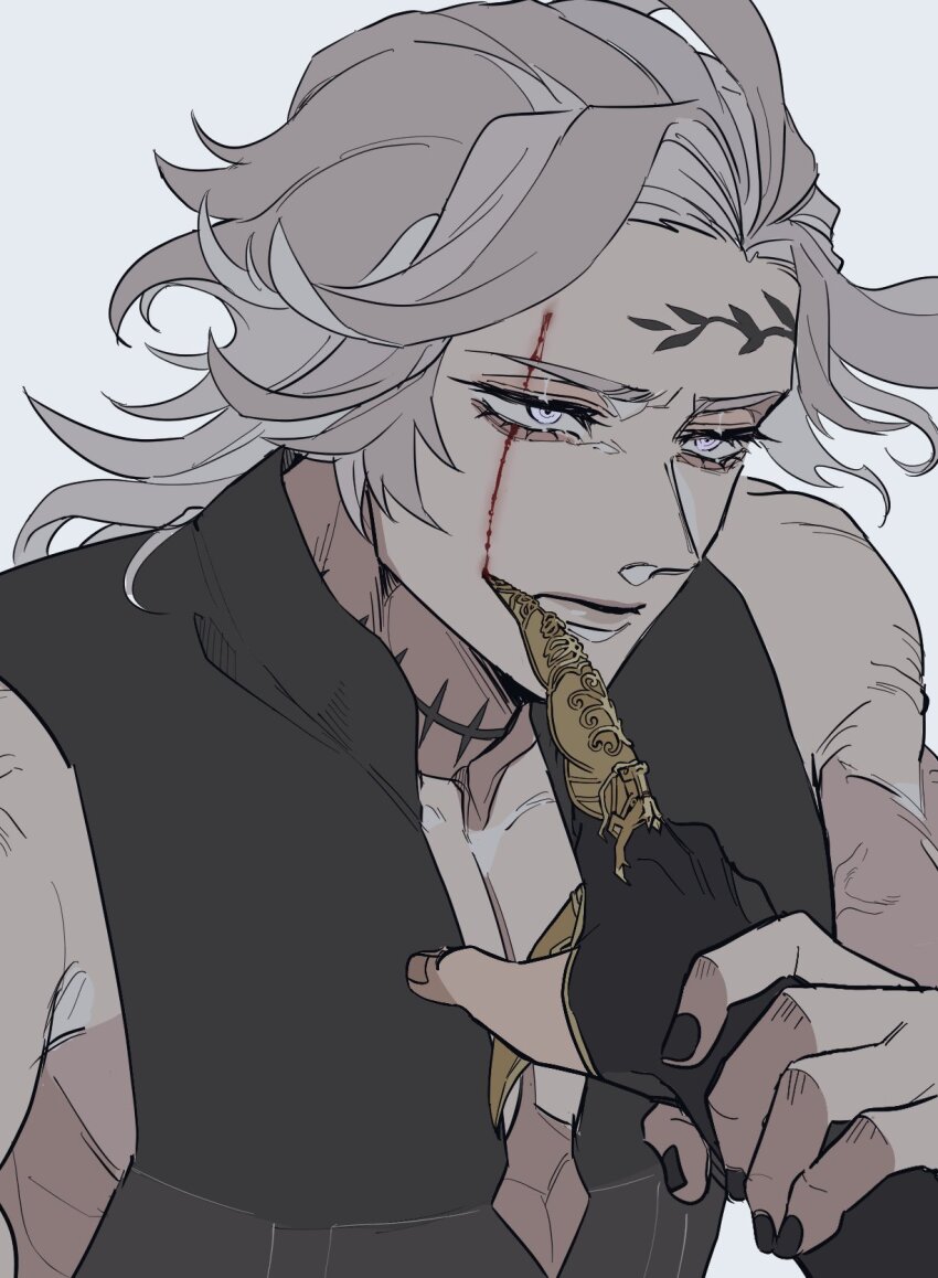 2boys abs_peek adam&#039;s_apple armor black_gloves black_shirt blood blood_on_face choker closed_mouth cuts cutting ear_piercing earrings expressionless facial_tattoo forehead_tattoo gloves gold_armor hades_(shuumatsu_no_valkyrie) half-closed_eyes high_collar highres holding holding_another&#039;s_wrist injury jacket jewelry jitome leaf_tattoo looking_at_another male_focus multiple_boys nail_armor partially_fingerless_gloves piercing purple_eyes qin_shi_huang_(shuumatsu_no_valkyrie) scar scar_across_eye scar_on_face scratching shirt short_hair shuumatsu_no_valkyrie sleeveless sleeveless_shirt solo solo_focus spiked_choker spikes tattoo unworn_jacket upper_body white_background white_hair