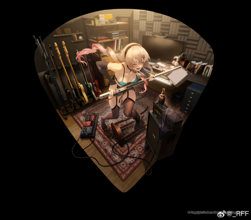 1girl acoustic_foam amplifier bass_guitar black_background black_choker black_garter_straps black_hairband black_thighhighs bra breasts chinese_commentary choker closed_eyes collarbone commentary_request company_name computer_keyboard computer_mouse copyright_notice effects_pedal electric_bass_guitar full_body garter_straps girls&#039;_frontline green_bra grey_hair guitar hairband headphones highres holding indoors instrument keyboard_(instrument) long_hair lwmmg_(cozy_root_note)_(girls&#039;_frontline) lwmmg_(girls&#039;_frontline) monitor official_alternate_costume official_art pedal_board rff_(3_percent) solo speaker standing thighhighs thighs transparent_background underwear watermark weibo_watermark