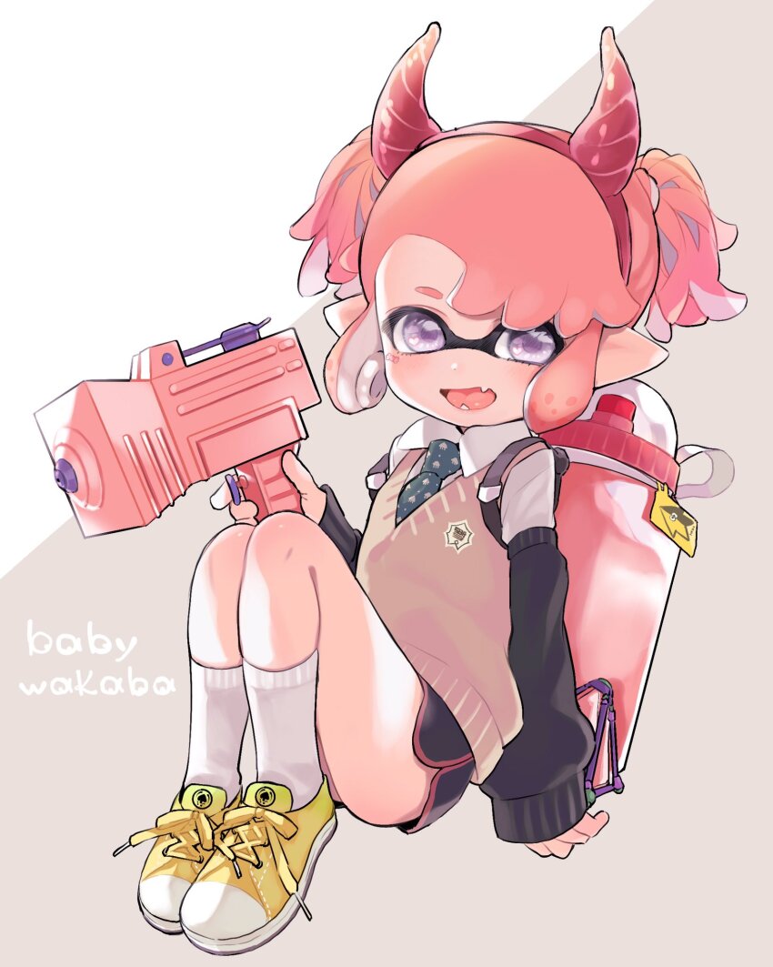 1girl amezawa_koma black_arm_warmers black_shorts collared_shirt commentary_request dolphin_shorts fake_horns fangs full_body green_necktie hairband heart heart_in_eye highres holding holding_weapon horn_hairband horns ink_tank_(splatoon) inkling inkling_girl inkling_player_character long_sleeves necktie nintendo open_mouth pink_hair pointy_ears purple_eyes red_hairband red_horns shirt shoes short_hair short_twintails shorts sidelocks smile sneakers socks solo splat_bomb_(splatoon) splatoon_(series) splatoon_2 splattershot_jr._(splatoon) sweater_vest swept_bangs symbol_in_eye tentacle_hair twintails weapon white_shirt white_socks yellow_shoes yellow_sweater_vest