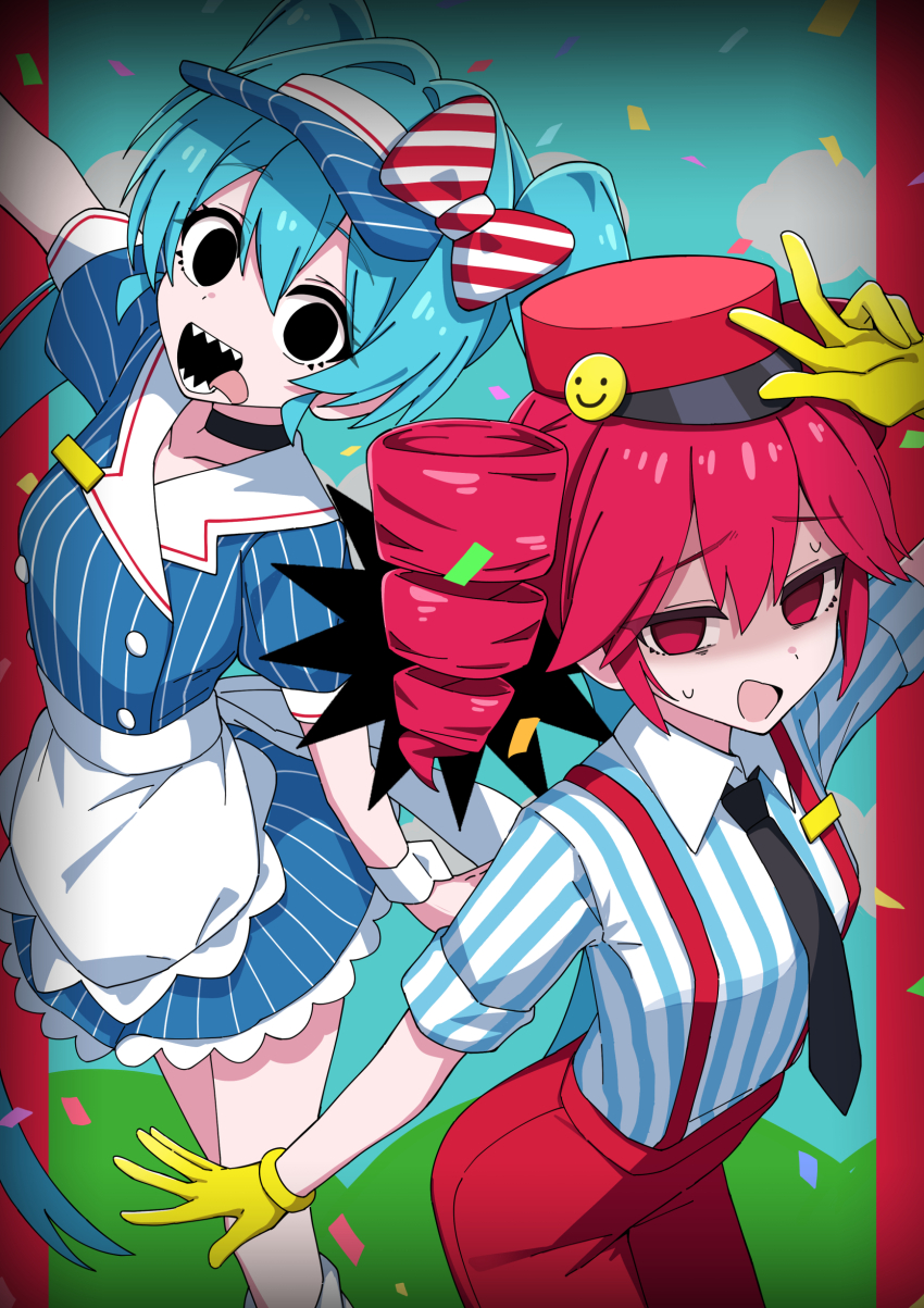 2girls :d absurdres apron arm_up black_choker black_eyes black_necktie blue_dress blue_hair blue_hat blue_shirt blush bow choker collared_shirt commentary cowboy_shot dress drill_hair feet_out_of_frame gloves hair_bow hat hatsune_miku highres kasane_teto long_hair looking_at_viewer maud0239 mesmerizer_(vocaloid) multiple_girls necktie open_mouth pants red_bow red_eyes red_hair red_hat red_pants sharp_teeth shirt short_hair short_sleeves smile smiley_hat_ornament striped_bow striped_clothes striped_shirt suspenders sweat teeth tongue tongue_out twin_drills twintails utau vocaloid w waist_apron white_apron yellow_gloves