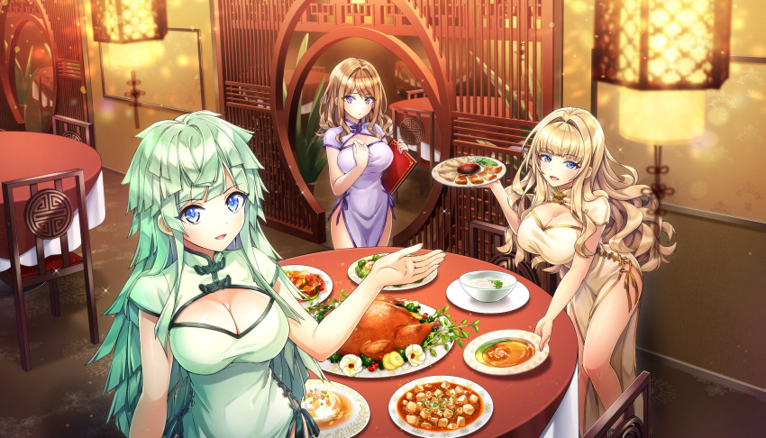 3girls :d aqua_dress bare_arms blonde_hair blue_eyes breasts broccoli brown_hair china_dress chinese_clothes cleavage cleavage_cutout clothing_cutout cowboy_shot dolphin_wave dress feet_out_of_frame food frown game_cg green_hair hair_intakes highres holding holding_menu holding_plate holding_tray kirahoshi_kanna kishimen_hair large_breasts leaning_forward long_hair looking_at_viewer meat medium_breasts menu moon_gate multiple_girls non-web_source official_art ootomo_takuji open_mouth peking_duck_(food) pelvic_curtain plate purple_dress purple_eyes round_table selena_lewis shark_fin_soup shrimp sidelocks smile standing suminoe_shion swept_bangs table tray turkey_(food) wavy_hair yellow_dress