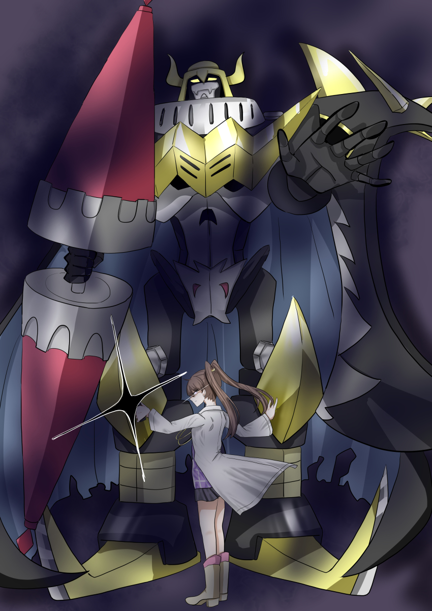 1girl absurdres amano_nene_(digimon_xros_wars) armor cape dark_knight darkknightmon digimon digimon_xros_loader digimon_xros_wars digivice highres horns knight lance polearm weapon