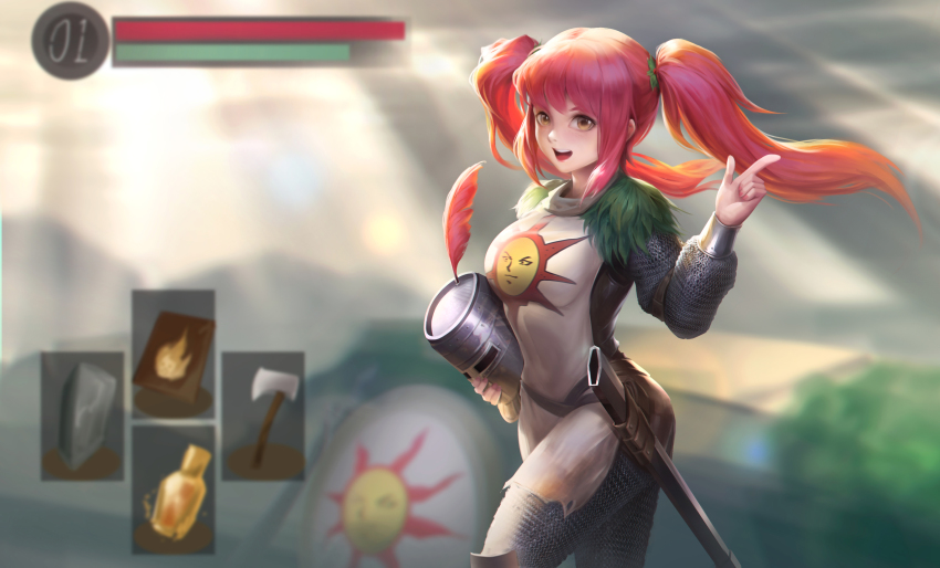 1girl absurdres armor axe blurry blurry_background breasts brown_eyes commentary_request cowboy_shot dark_souls_(series) dark_souls_i depth_of_field estus_flask genderswap genderswap_(mtf) hair_ornament hand_up hat_feather heads-up_display health_bar helm helmet highres holding holding_helmet index_finger_raised knight large_breasts leg_armor long_hair long_sleeves looking_at_viewer open_mouth outdoors pink_hair shield smile solaire_of_astora solo sun_symbol twintails unworn_headwear unworn_helmet user_interface visor_(armor) weapon zimang_xiaoxia