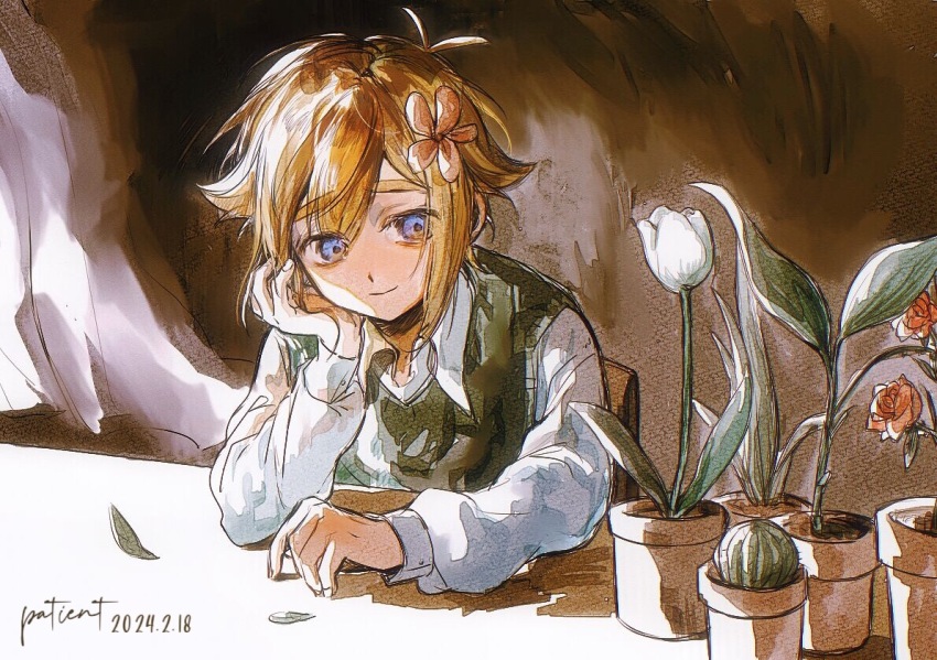 1boy alternate_sleeve_length antenna_hair basil_(faraway)_(omori) basil_(omori) blonde_hair blue_eyes cactus closed_mouth collared_shirt flower green_sweater_vest hair_flower hair_ornament long_sleeves male_focus omori patient51311752 plant potted_plant rose shirt short_hair sitting smile solo sweater_vest tulip white_shirt