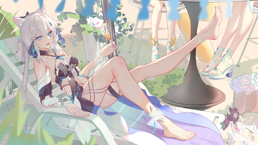 3girls absurdres animal_ear_fluff animal_ears anklet bare_legs bare_shoulders barefoot beach beach_chair beach_umbrella bikini black_bikini black_bow black_sleeves blue_eyes bow breasts bronya_zaychik bronya_zaychik_(herrscher_of_truth) bronya_zaychik_(seaside_vibes) cat_ears chinese_commentary cleavage comet-c commentary_request criss-cross_straps cup detached_sleeves drinking_glass drinking_straw feet flower food fruit hair_between_eyes hair_bow hair_ears hair_ornament hairclip highres holding holding_cup homu_(honkai_impact) honkai_(series) honkai_impact_3rd jewelry kiana_kaslana large_breasts leg_tattoo lemon lemon_slice long_hair looking_at_viewer multiple_girls multiple_hair_bows nail_polish navel official_alternate_costume on_chair outdoors pink_pupils purple_nails raiden_mei raiden_mei_(herrscher_of_origin) sand sandals sitting smile soles solo_focus star-shaped_pupils star_(symbol) swimsuit symbol-shaped_pupils tattoo thigh_strap toenail_polish toenails toes umbrella unworn_footwear very_long_hair white_hair