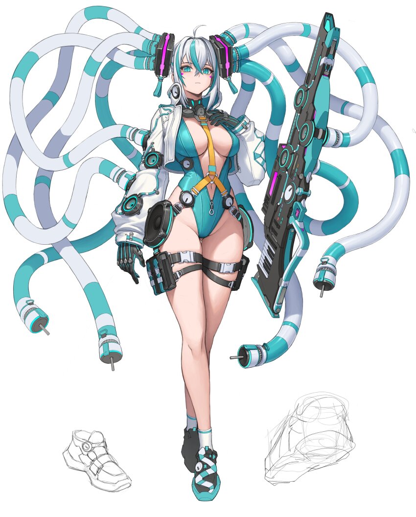 1girl absurdres ahoge ammunition_pouch ankle_socks aqua_eyes aqua_hair aqua_leotard belt_pouch black_gloves black_shoes breasts buckle cable_hair closed_mouth commentary_request cropped_jacket crossed_bangs facial_mark full_body gloves gun hair_between_eyes hand_on_own_chest hatsune_miku hichi highleg highleg_leotard highres jacket korean_commentary large_breasts leotard long_hair long_sleeves looking_at_viewer multicolored_hair open_clothes open_jacket partially_unzipped piano_keys pouch puffy_long_sleeves puffy_sleeves shoes simple_background snap-fit_buckle sneakers socks solo standing thigh_pouch thigh_strap twintails two-tone_hair very_long_hair vocaloid weapon white_background white_hair white_jacket white_socks zipper_pull_tab