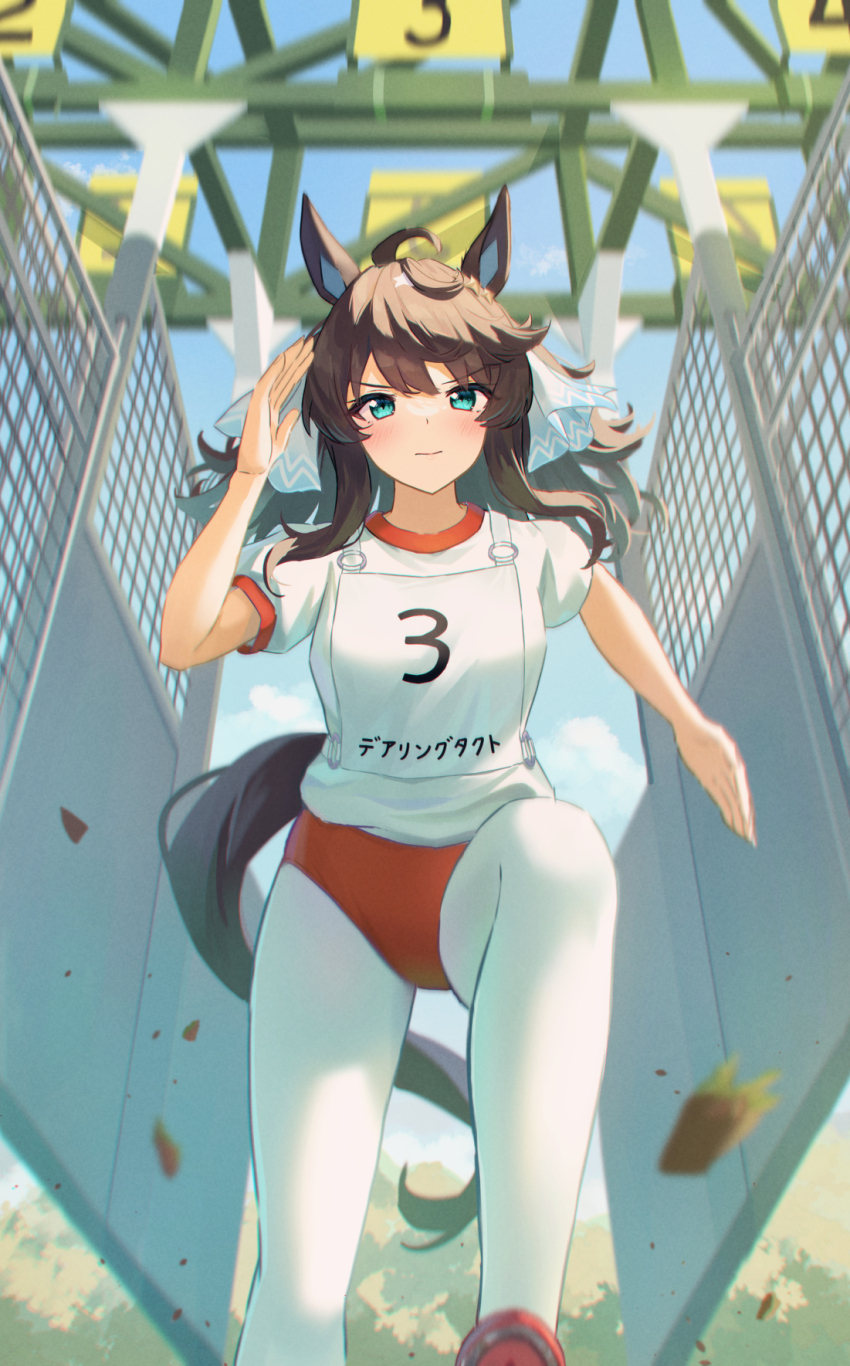 1girl ahoge alternate_costume animal_ears black_hair blue_eyes blush breasts buruma closed_mouth cloud commentary_request daring_tact_(umamusume) dirt gate gym_uniform highres horse_ears horse_girl horse_tail kashmir_0808 medium_breasts pantyhose shoes sky solo tail umamusume