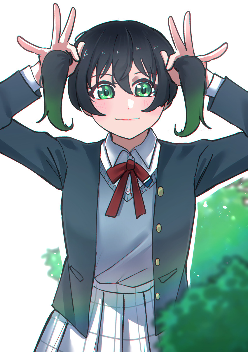 1girl absurdres black_hair black_jacket blush bunching_hair bush closed_mouth collared_shirt commentary_request gradient_hair green_eyes green_hair grey_vest hands_up highres jacket long_sleeves looking_at_viewer love_live! love_live!_nijigasaki_high_school_idol_club medium_hair multicolored_hair neck_ribbon nijigasaki_school_uniform open_clothes open_jacket original over_flow99 plaid_clothes plaid_skirt playing_with_own_hair pleated_skirt red_ribbon ribbon school_uniform shirt skirt solo standing takasaki_yu thai_commentary twintails upper_body vest white_shirt white_skirt winter_uniform
