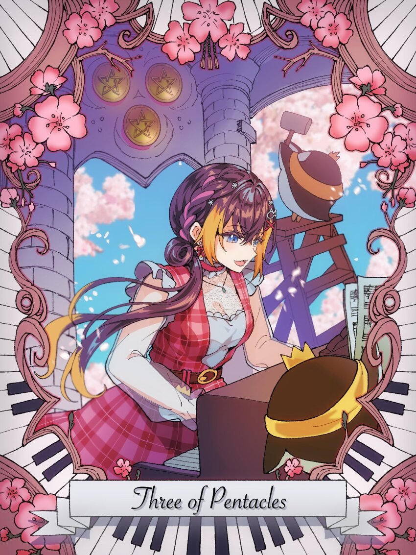 1girl black_hair blonde_hair blue_eyes braid breasts card_(medium) cleavage construction fish_hair_ornament flower hair_between_eyes hair_ornament highres instrument jewelry jin_(pineeeapple) ladder long_hair medium_breasts multicolored_hair necklace nijisanji nijisanji_en open_mouth pentacle pentomo_(petra_gurin) petra_gurin petra_gurin_(3rd_costume) piano pink_hair see-through_cleavage see-through_clothes see-through_sleeves sheet_music stepladder streaked_hair tarot tarot_(medium) virtual_youtuber