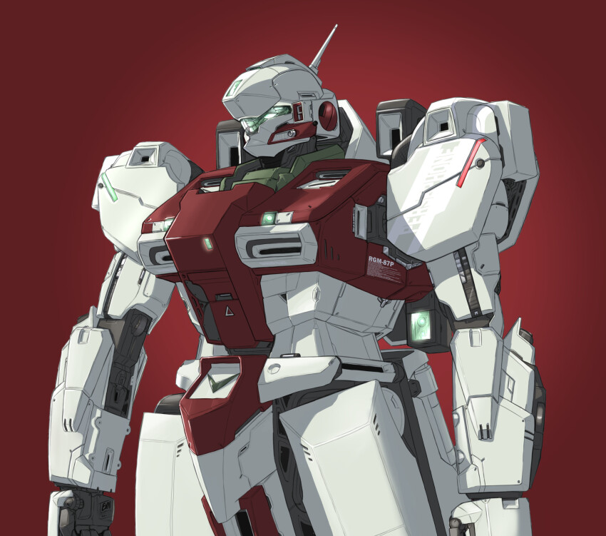 commentary concept_art derivative_work english_commentary evn_(evnillustrated) gm_(mobile_suit) gm_ii gundam highres machinery mecha mecha_focus mobile_suit mobile_suit_gundam no_humans original portrait radio_antenna red_background redesign robot science_fiction upper_body zeta_gundam