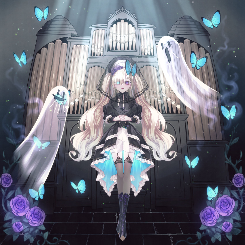1girl absurdres akikawa_higurashi black_boots black_dress black_thighhighs black_veil blonde_hair blue_butterfly blue_dress blue_eyes blunt_bangs bonnet boots bug butterfly butterfly_hair_ornament buttons chin_strap coat_dress double-breasted dress eyes_visible_through_hair flower frilled_dress frilled_sleeves frills full_body garter_straps ghost hair_flower hair_ornament hair_over_one_eye high-waist_shorts highres insect instrument interlocked_fingers juliet_sleeves lace-up_boots lapels light_particles light_rays long_hair long_sleeves looking_at_viewer notched_lapels organ_(instrument) original own_hands_together parted_lips pavement pipe_organ plant puffy_sleeves purple_eyes purple_flower purple_rose rose see-through_clothes see-through_legwear shorts showgirl_skirt sleeve_cuffs smoke solo straight-on thighhighs twintails two-sided_dress two-sided_fabric veil veil_over_eyes vines wavy_hair white_shorts