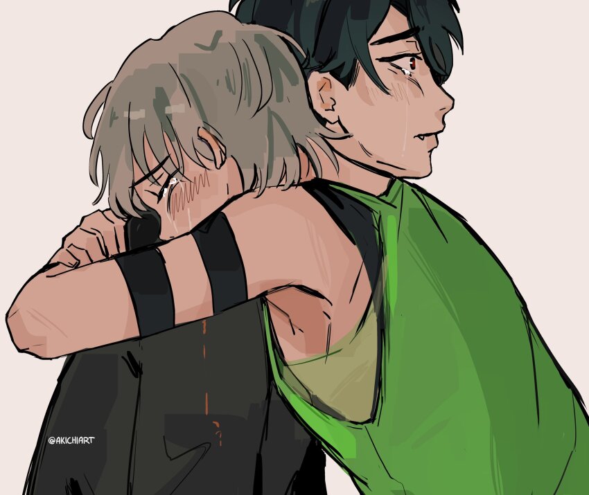 2boys akichiart alien_stage armlet artist_name black_eyes black_hair black_shirt closed_eyes commentary crying english_commentary fang green_tank_top grey_hair highres hug ivan_(alien_stage) jewelry male_focus multiple_boys red_pupils shirt short_hair tank_top tears till_(alien_stage) very_short_hair