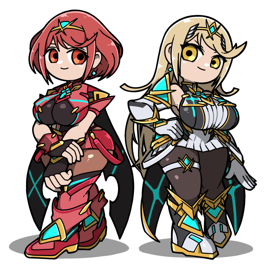 2girls black_gloves black_pantyhose blonde_hair breasts brown_pantyhose closed_mouth dress earrings elbow_gloves fingerless_gloves floating_earrings gloves hand_on_own_arm hand_on_own_hip highres jewelry large_breasts long_hair multiple_girls mythra_(xenoblade) name_omoitukan2 nintendo pantyhose pantyhose_under_shorts pyra_(xenoblade) red_eyes red_hair red_shorts shadow short_dress short_hair short_shorts shorts simple_background smile super_smash_bros. thigh_strap tiara white_background white_gloves xenoblade_chronicles_(series) xenoblade_chronicles_2 yellow_eyes