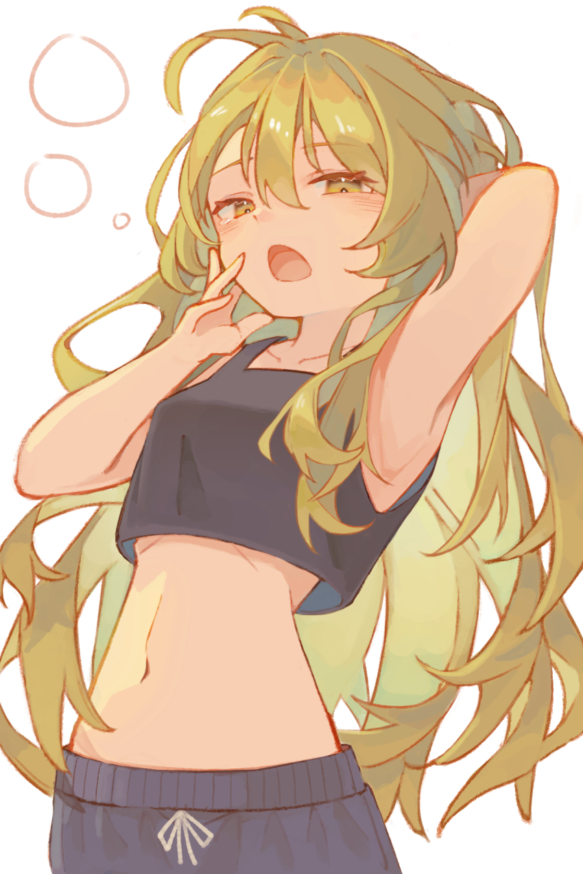 1girl alternate_costume arm_behind_head arm_up armpits black_shorts black_tank_top blonde_hair breasts collarbone commentary_request crop_top double-parted_bangs hair_between_eyes highres hinataku1222 kirisame_marisa looking_at_viewer open_mouth shorts simple_background small_breasts solo squeans stomach tank_top touhou upper_body white_background yawning yellow_eyes