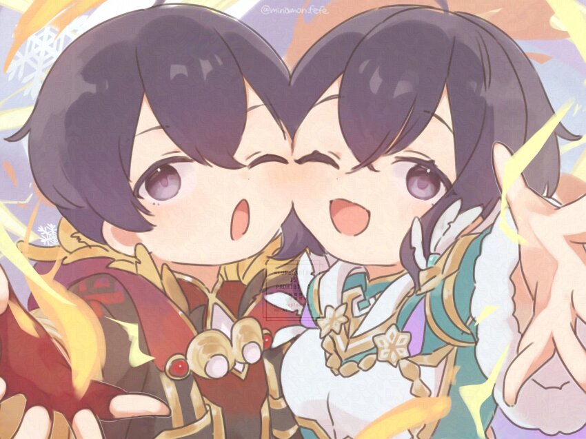 1boy 1girl black_hair cheek-to-cheek dual_persona feather_trim fingerless_gloves fire_emblem fire_emblem_awakening fire_emblem_heroes fur-trimmed_sleeves fur_trim gloves heads_together highres morgan_(female)_(fire_emblem) morgan_(female)_(resplendent)_(fire_emblem) morgan_(fire_emblem) morgan_(male)_(fire_emblem) morgan_(male)_(resplendent)_(fire_emblem) nintendo official_alternate_costume one_eye_closed open_mouth purple_eyes reaching reaching_towards_viewer signature smile sorane_amus