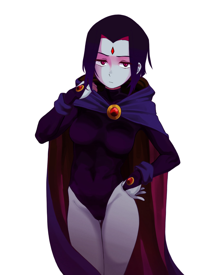 1girl absurdres breasts cape colored_skin commentary dc_comics english_commentary forehead_jewel gnsisir grey_skin highres hood hood_down hooded_cape leotard purple_hair raven_(dc) red_eyes short_hair solo teen_titans transparent_background
