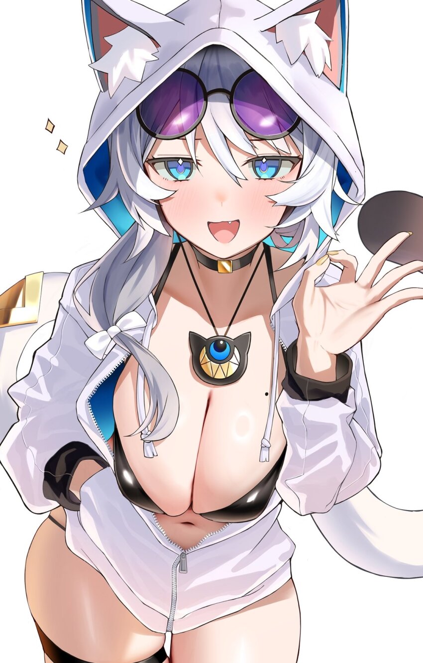 1girl :d animal_ears animal_hood bikini black_bikini blue_eyes breasts cat_ears cat_hood cipher_(honkai:_star_rail) cleavage commentary_request eyewear_on_head grey_hair highres honkai:_star_rail honkai_(series) hood hooded_jacket jacket jewelry large_breasts looking_at_viewer mole mole_on_breast necklace nidaime_(doronbo) open_mouth short_hair simple_background smile solo sunglasses swimsuit thighs white_jacket
