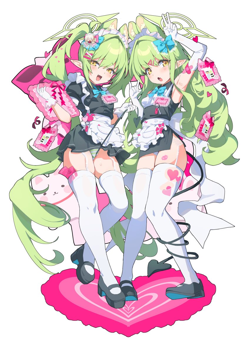 2girls :d absurdres animal_ears apron arm_up armpits black_dress blue_archive blue_bow blush bow bowtie breasts demon_tail dress fang frilled_apron frills full_body garter_straps gloves green_hair hair_ornament hairclip halo heart highres hikari_(blue_archive) holding long_hair looking_at_viewer maid maid_apron maid_headdress multiple_girls name_tag nozomi_(blue_archive) open_mouth panties pillow pointy_ears puffy_short_sleeves puffy_sleeves shoes short_sleeves sleeveless small_breasts smile sweat tail tanghulu_(bbbb1123112) thighhighs underwear v very_long_hair waist_apron white_apron white_background white_gloves white_thighhighs yellow_eyes