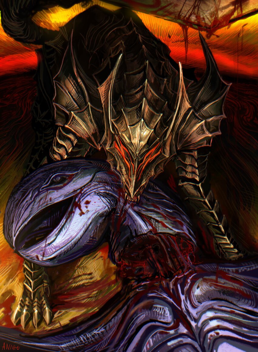 2boys absurdres animalization anniechromes armor artist_name beast_of_darkness_(berserk) berserk berserker_armor bird biting black_armor blood bloody_weapon decapitation disembodied_head dog dragonslayer_(sword) femto_(berserk) full_armor greatsword griffith_(berserk) guts_(berserk) hawk highres hound huge_weapon multiple_boys pulling signature sword weapon