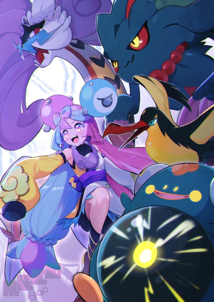 1girl abe_(kumayu) bellibolt blue_hair blush bow-shaped_hair breasts character_hair_ornament detached_sleeves dress gluteal_fold hair_ornament highres iono_(pokemon) iono_(sygna_suit)_(pokemon) japanese_clothes kilowattrel kimono long_hair long_sleeves looking_at_viewer multicolored_hair nintendo official_alternate_costume open_mouth pink_hair pokemon pokemon_(creature) pokemon_masters_ex purple_eyes raging_bolt scream_tail sharp_teeth shorts_under_dress sidelocks sleeveless sleeveless_kimono sleeves_past_fingers sleeves_past_wrists smile split-color_hair teeth two-tone_hair