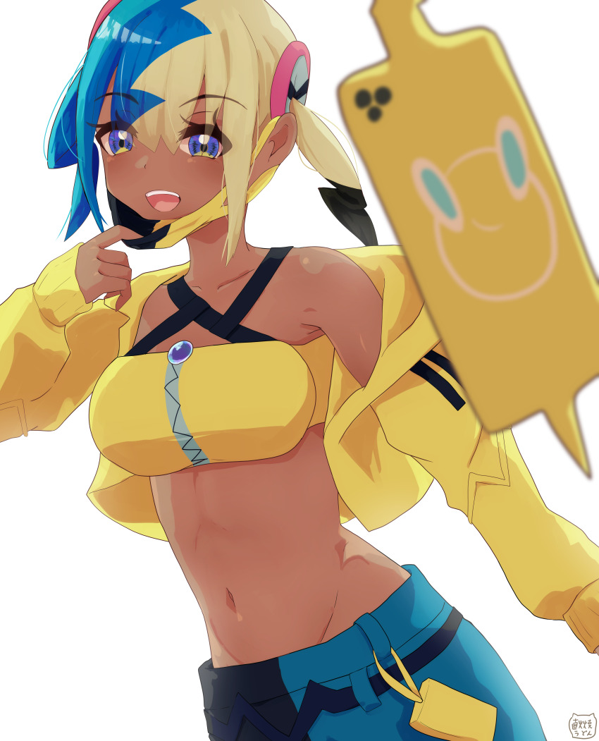 1girl :d absurdres blonde_hair blue_eyes blue_hair blue_pants canari_(pokemon) collarbone commentary_request eyelashes gen_4_pokemon hair_between_eyes hand_up highres jacket jikabyaki long_sleeves multicolored_hair navel nintendo open_clothes open_jacket open_mouth pants pokemon pokemon_legends:_z-a rotom rotom_phone simple_background sleeves_past_wrists smile stomach teeth upper_teeth_only white_background yellow_jacket