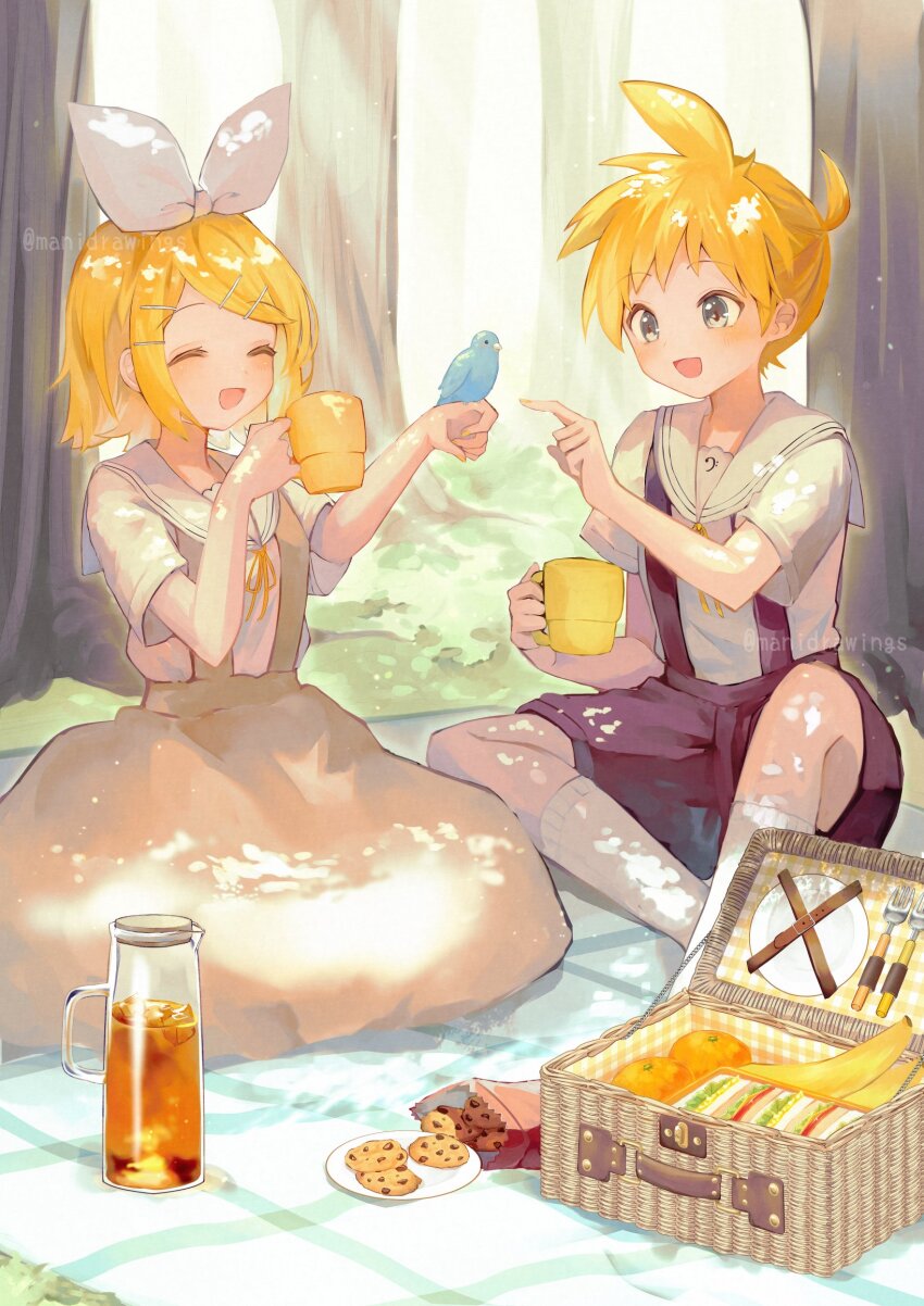 1boy 1girl ^_^ ahoge animal animal_on_hand aqua_eyes banana bass_clef bird black_overalls blonde_hair bow chocolate_chip_cookie closed_eyes cookie cup cutlery dappled_sunlight dress food forest fork fruit grass hair_bow hair_ornament hairclip happy highres holding holding_cup ice ice_cube kagamine_len kagamine_rin light_particles light_rays mani_(manidrawings) mug nature open_mouth orange_(fruit) outdoors overall_shorts overalls picnic picnic_basket picnic_blanket pinafore_dress plate ponytail sailor_collar sailor_shirt sandwich shirt short_hair short_ponytail short_sleeves sitting sleeveless sleeveless_dress smile socks sunlight swept_bangs tea tree tree_shade twitter_username vocaloid white_bow white_sailor_collar white_shirt white_socks