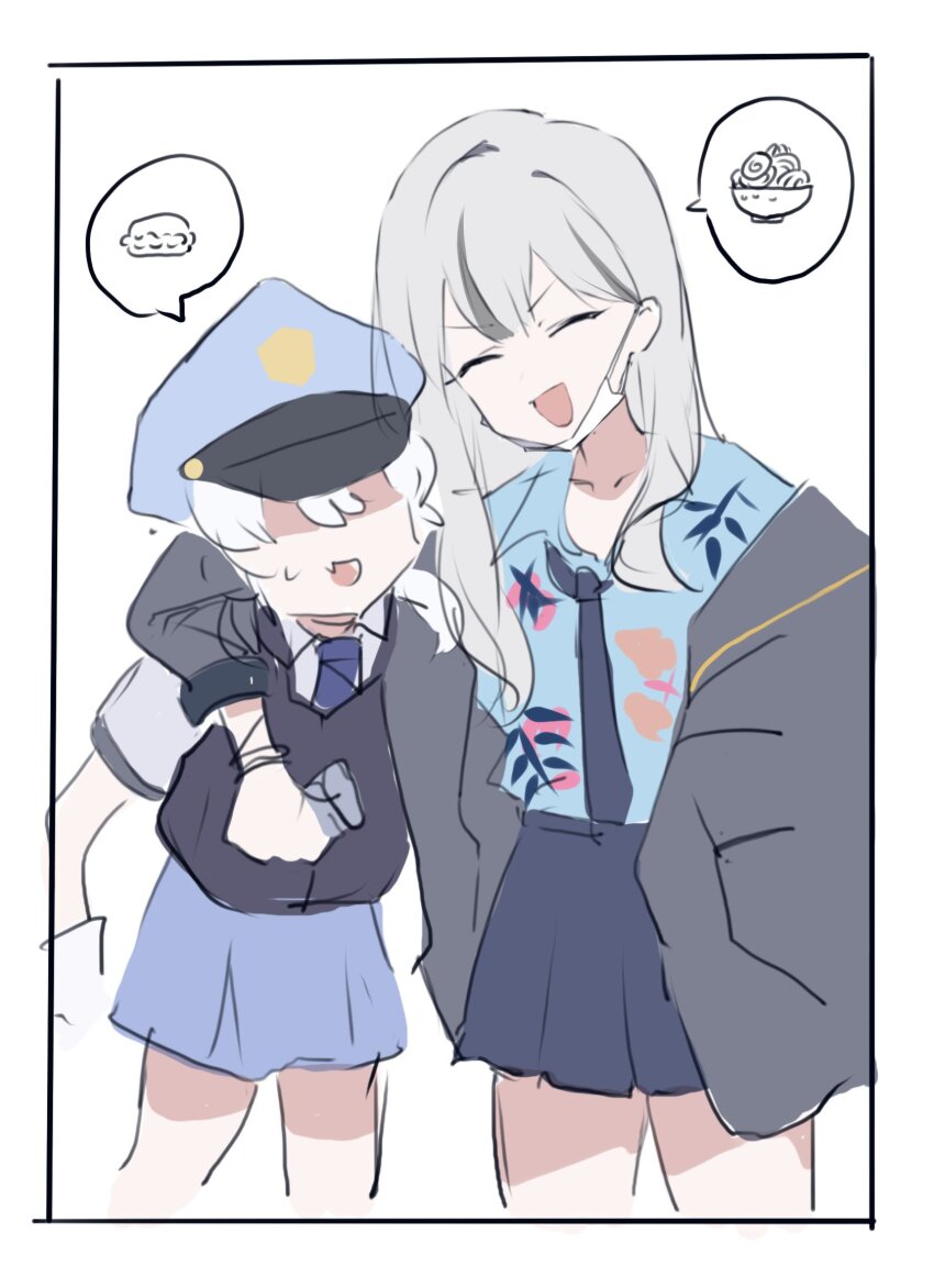 2girls blue_archive blue_skirt closed_eyes food grey_hair grey_jacket hat highres jacket konoka_(blue_archive) mask multiple_girls noodles saiun_sigma skirt twitter valkyrie_police_academy_student_(blue_archive) white_background white_hair