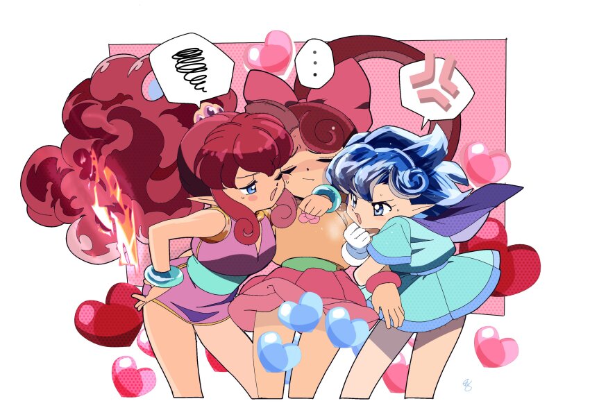 ... 3girls absurdres anger_vein arm_around_neck arm_hug belt big_hair blue_belt blue_eyes blue_hair blue_shirt blue_skirt blush_stickers bow breasts breath capelet cheek-to-cheek china_dress chinese_clothes closed_eyes closed_mouth clothes_lift commentary cropped_legs dress edoya_inuhachi fire flare_(panel_de_pon) fluffy_hair gem girl_sandwich green_belt hair_bow hand_on_own_hip heads_together heart highres jealous jewelry lip_(panel_de_pon) long_hair looking_at_another love_triangle medium_breasts multiple_girls one_eye_closed open_mouth panel_de_pon pink_bow pink_skirt pleated_skirt pointy_ears ponytail purple_capelet purple_dress sandwiched sherbet_(panel_de_pon) shirt short_dress short_hair short_sleeves skirt skirt_lift sleeveless sleeveless_dress snow spoken_anger_vein spoken_ellipsis spoken_squiggle squiggle standing sweat tiara very_long_hair yellow_shirt yuri