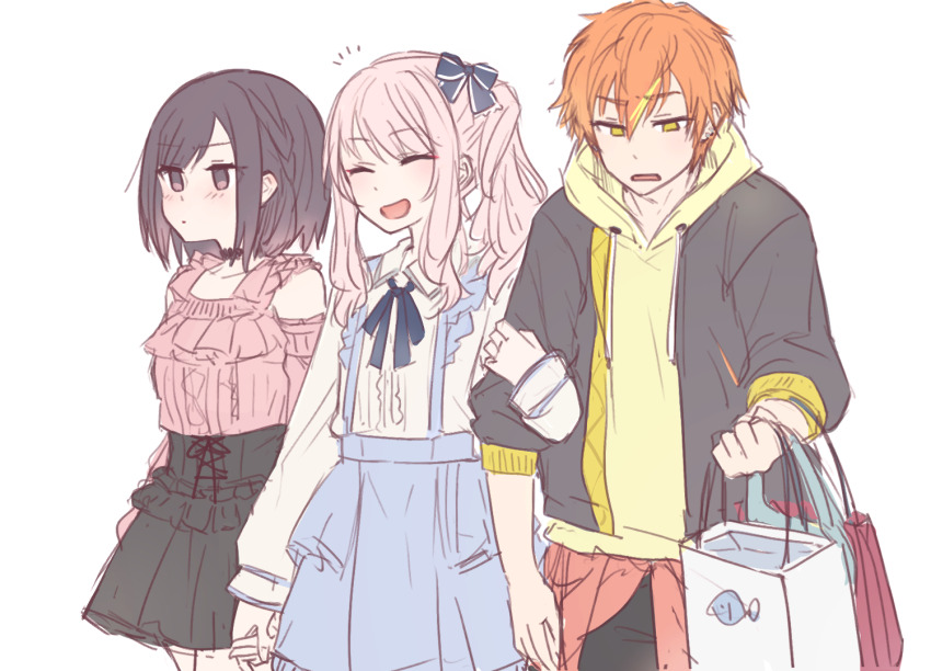 132_(bb32768) 1boy 1girl 1other akiyama_mizuki arm_grab bag blonde_hair blue_ribbon blush braid brother_and_sister brown_eyes brown_hair chinese_commentary choker closed_eyes closed_mouth clothes_around_waist collared_shirt commentary_request dot_nose drawstring green_eyes hair_bobbles hair_ornament holding holding_bag holding_hands hood hooded_jacket hoodie jacket jacket_over_hoodie long_hair multicolored_hair neck_ribbon notice_lines open_clothes orange_hair pink_hair project_sekai ribbon shinonome_akito shinonome_ena shirt shopping_bag short_hair siblings side_ponytail sidelocks simple_background smile streaked_hair two-tone_hair white_background yellow_hoodie