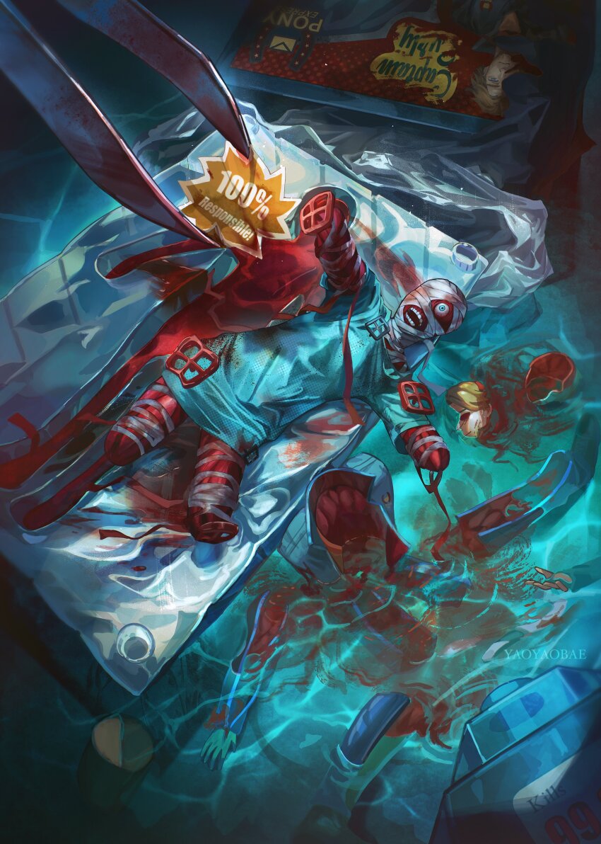 1boy absurdres amputee artist_name bag bandage_over_one_eye bandaged_head bandages blonde_hair blood blue_eyes broken curly_(mouthwashing) curly_(post-crash)_(mouthwashing) curly_(pre-crash)_(mouthwashing) disfigured dual_persona highres hospital_gown male_focus mouthwash mouthwashing no_skin open_mouth package plastic_bag short_sleeves submerged symbolism tongs valve yaoi yaoyaobae