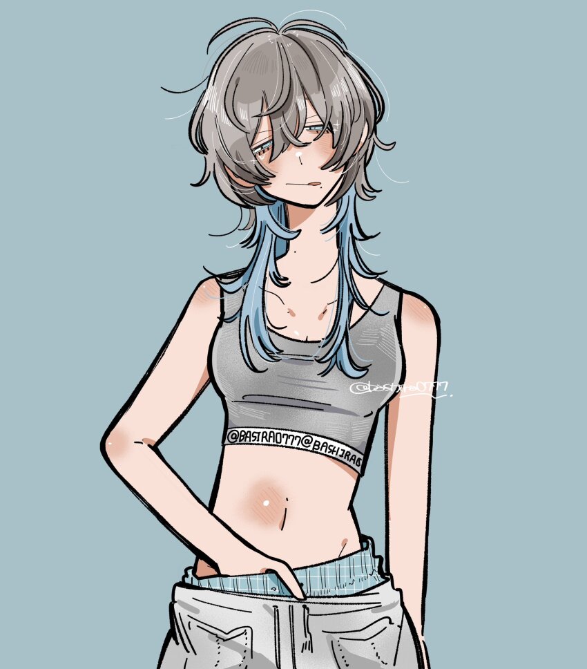 1girl bashira0777 breasts hand_in_pants highres medium_breasts navel pants tagme underwear
